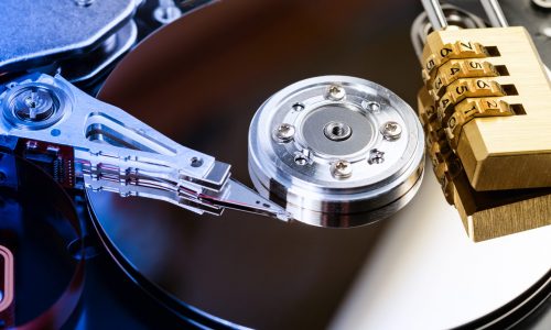 Code numbers pad lock on hard disk, security encryption concept